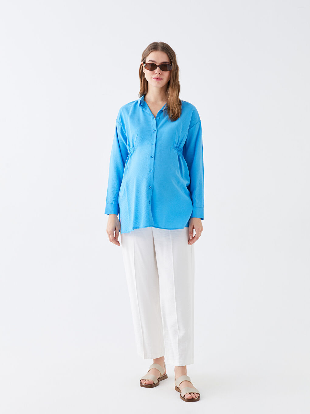 Mavi Düz Uzun Kollu Hamile Gömlek Tunik-2