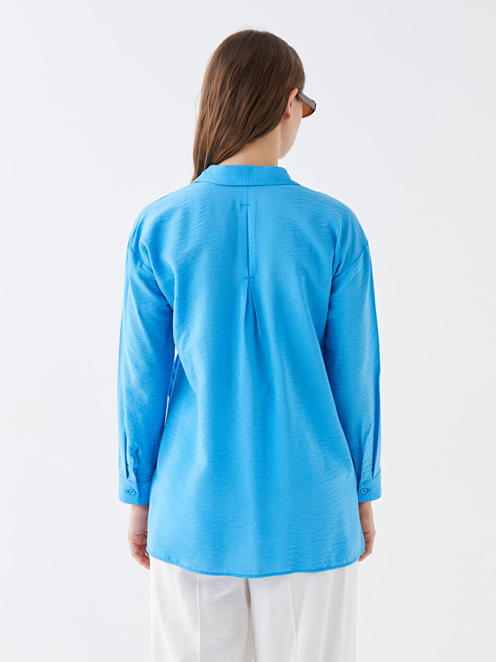 Mavi Düz Uzun Kollu Hamile Gömlek Tunik-4