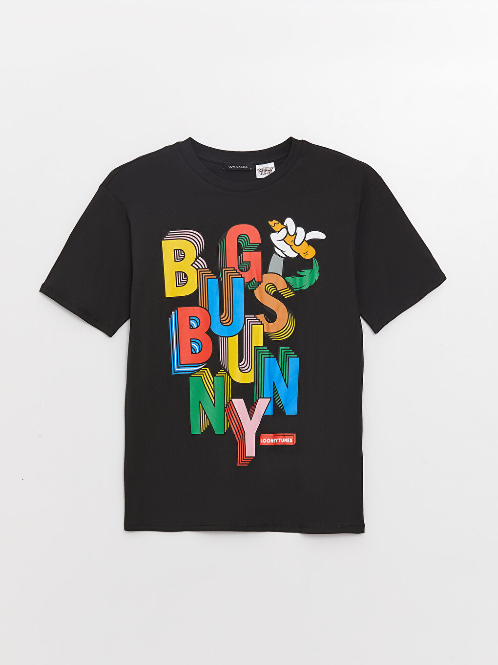 Siyah Bisiklet Yaka Bugs Bunny Baskılı Kısa Kollu Oversize Kadın Tişört-5