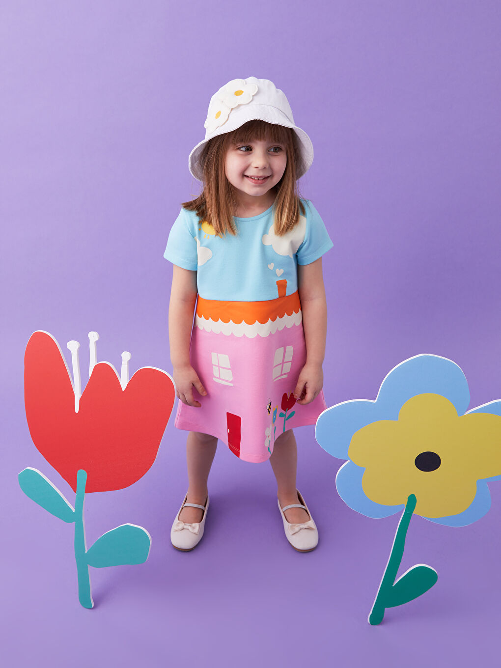 Mavi Bisiklet Yaka Kısa Kollu Baskılı Kız Bebek Elbise