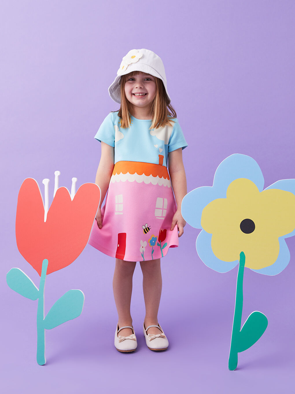 Mavi Bisiklet Yaka Kısa Kollu Baskılı Kız Bebek Elbise-1