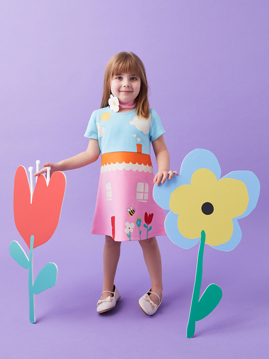 Mavi Bisiklet Yaka Kısa Kollu Baskılı Kız Bebek Elbise-3