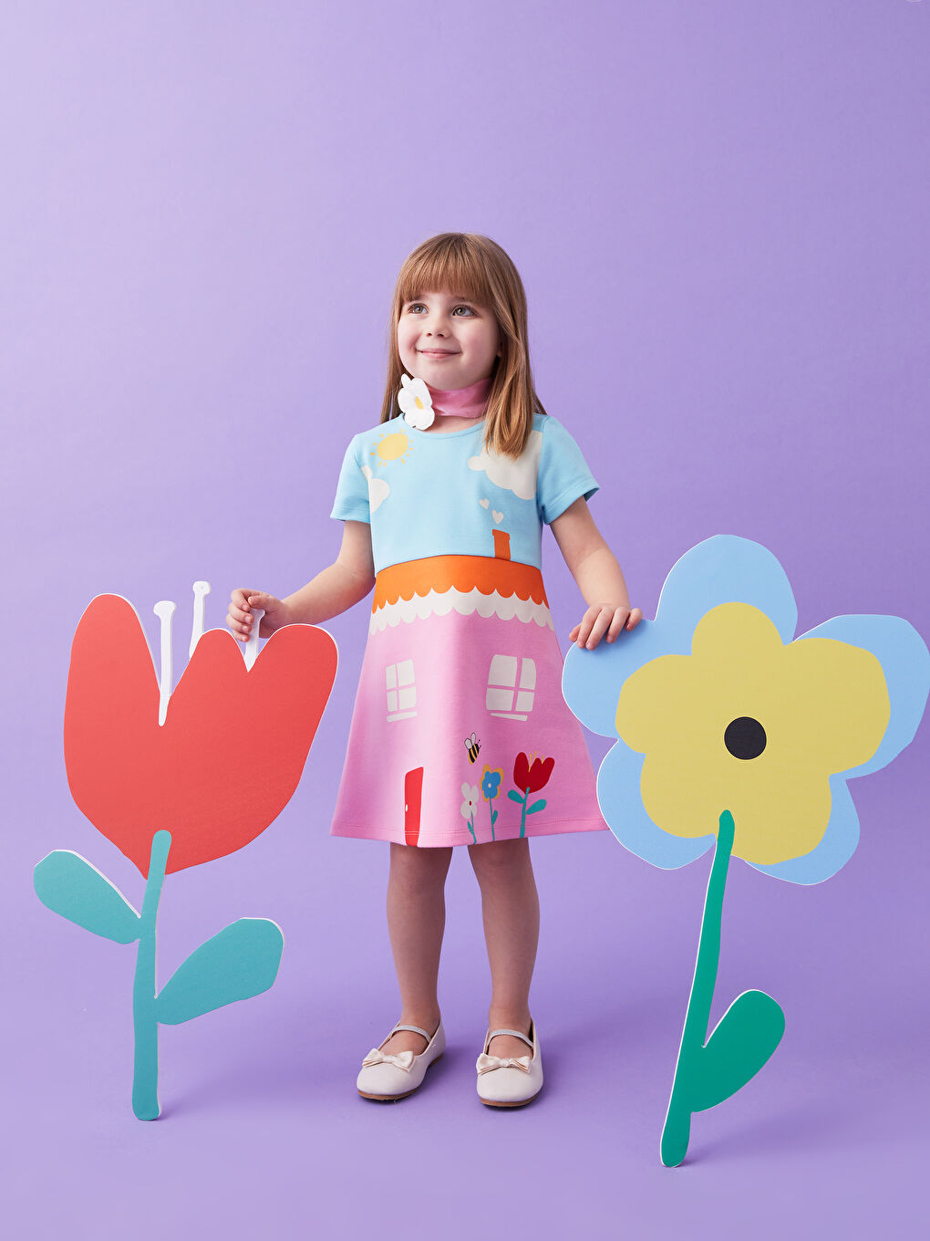 Mavi Bisiklet Yaka Kısa Kollu Baskılı Kız Bebek Elbise-4