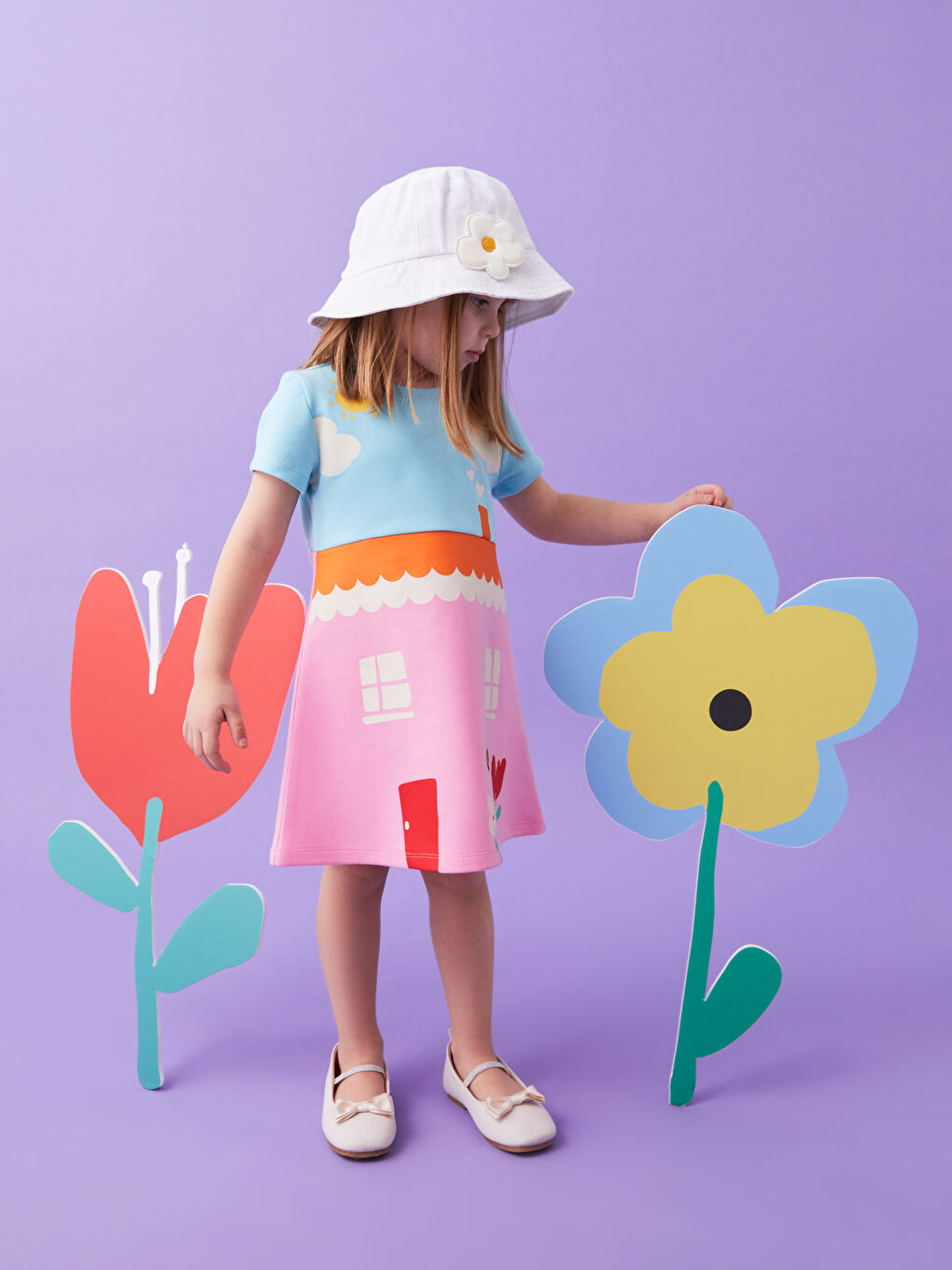 Mavi Bisiklet Yaka Kısa Kollu Baskılı Kız Bebek Elbise-5