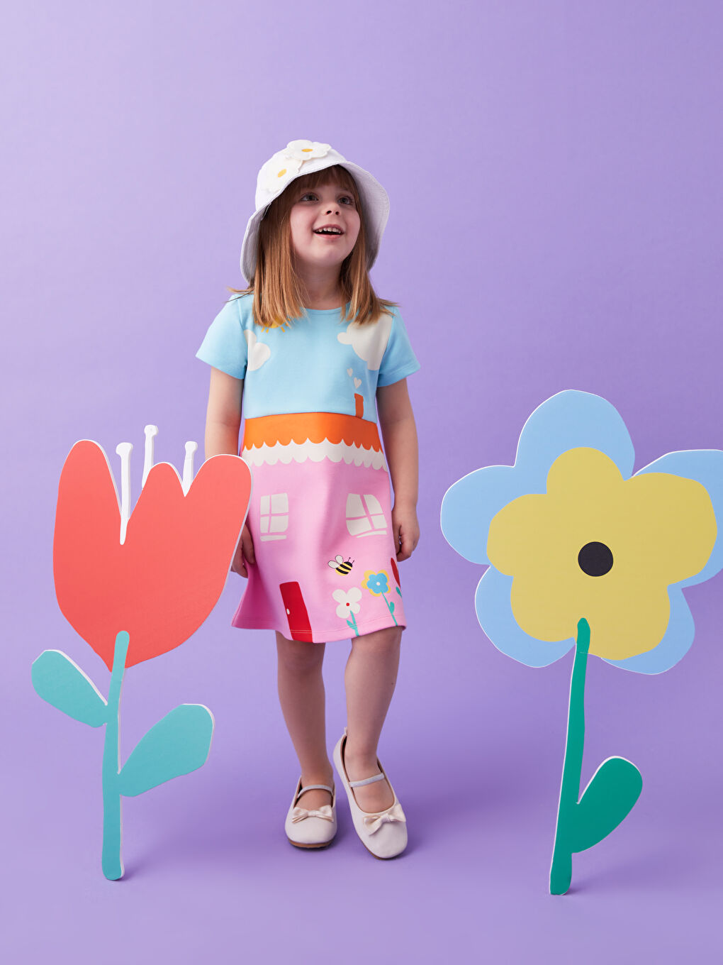 Mavi Bisiklet Yaka Kısa Kollu Baskılı Kız Bebek Elbise-6