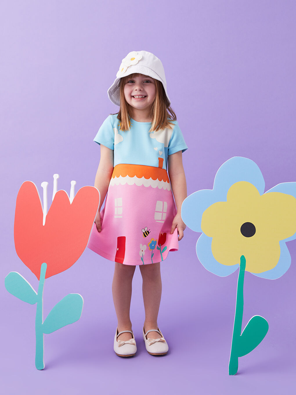 Mavi Bisiklet Yaka Kısa Kollu Baskılı Kız Bebek Elbise-7