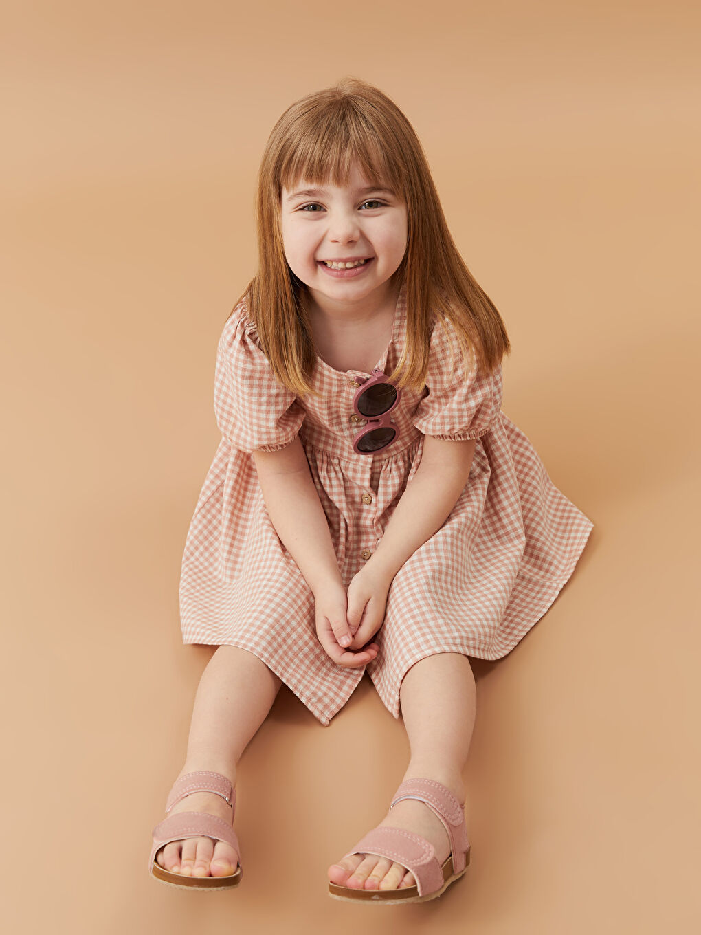 Pembe Kare Yaka Kısa Kollu Ekose Desenli Kız Bebek Elbise