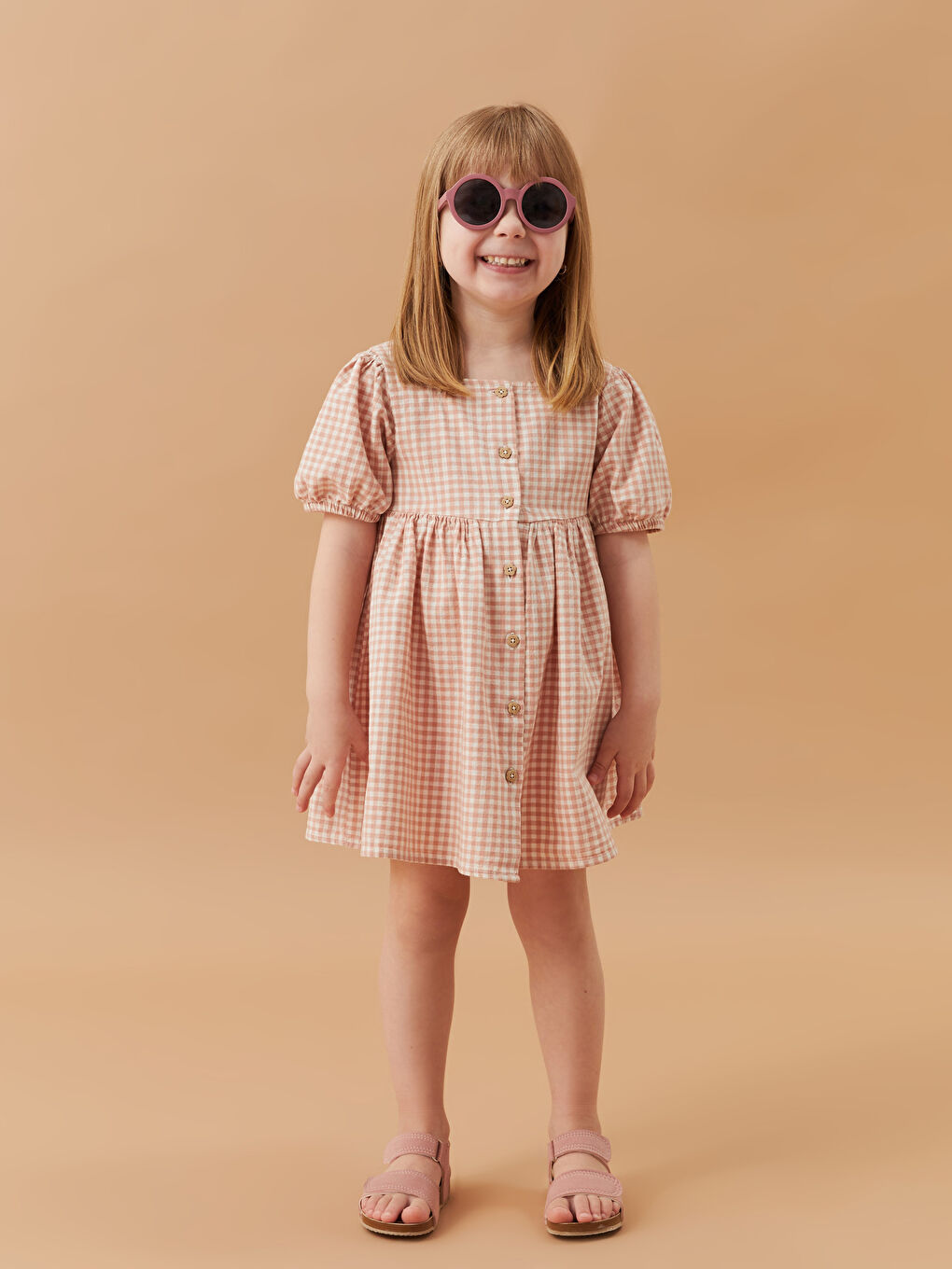 Pembe Kare Yaka Kısa Kollu Ekose Desenli Kız Bebek Elbise-1