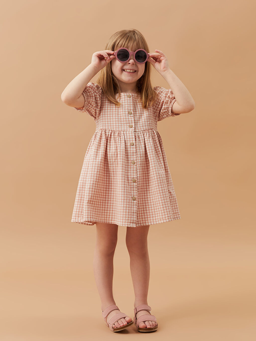 Pembe Kare Yaka Kısa Kollu Ekose Desenli Kız Bebek Elbise-2