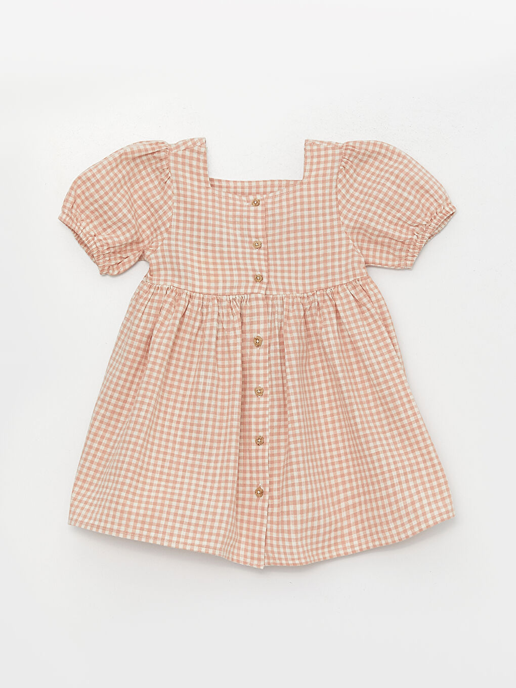 Pembe Kare Yaka Kısa Kollu Ekose Desenli Kız Bebek Elbise-3