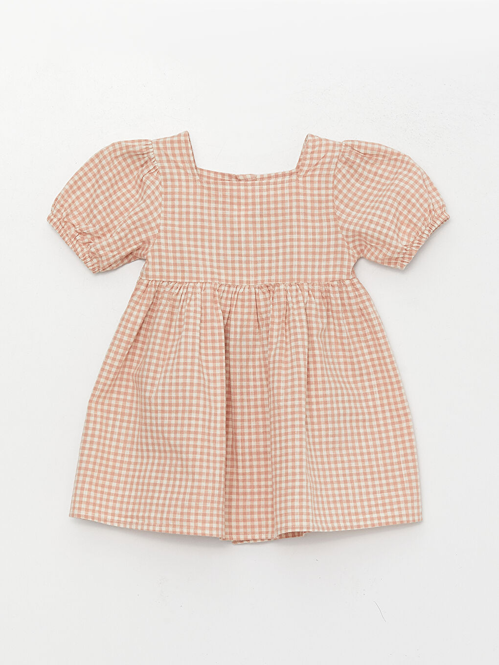 Pembe Kare Yaka Kısa Kollu Ekose Desenli Kız Bebek Elbise-4