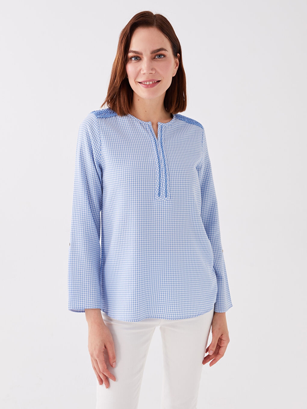 Blouse à Manches Longues à Col Rond Écossais pour Femmes-1