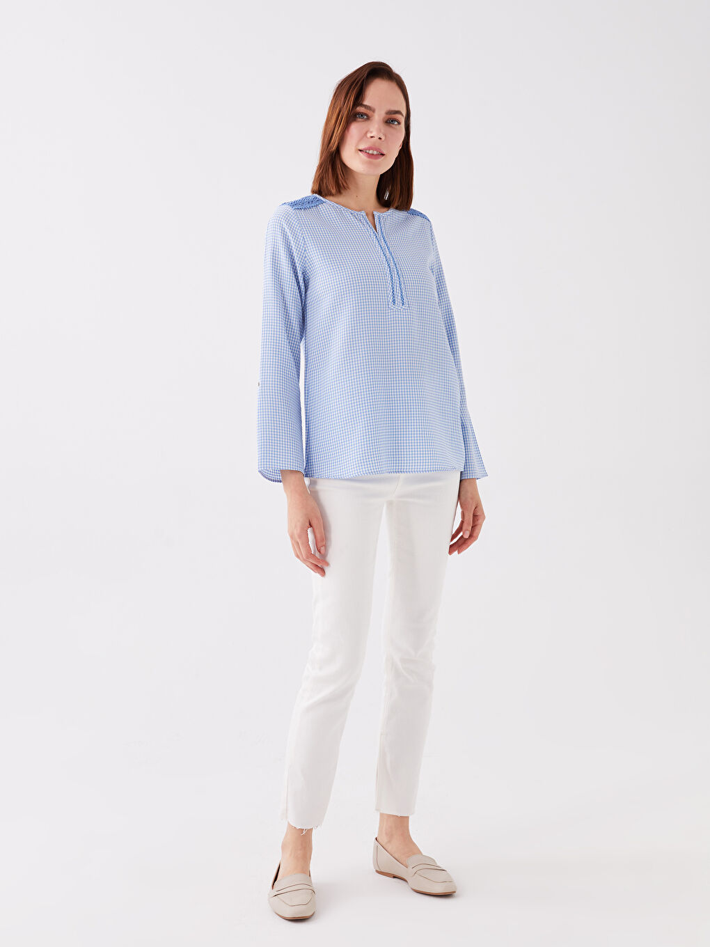 Blouse à Manches Longues à Col Rond Écossais pour Femmes-2