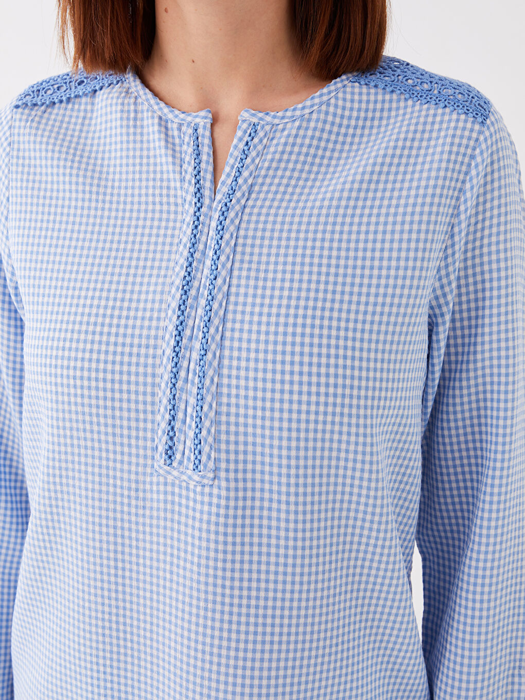 Blouse à Manches Longues à Col Rond Écossais pour Femmes-3