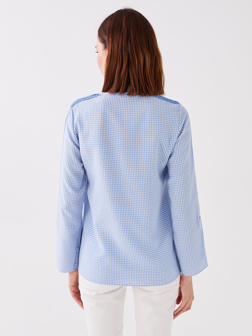 Blouse à Manches Longues à Col Rond Écossais pour Femmes-4