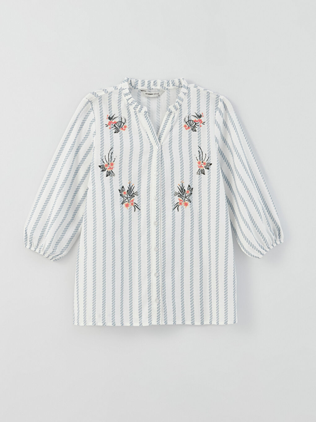 Mavi Kaçık Yaka Nakışlı Poplin Kadın Gömlek-5