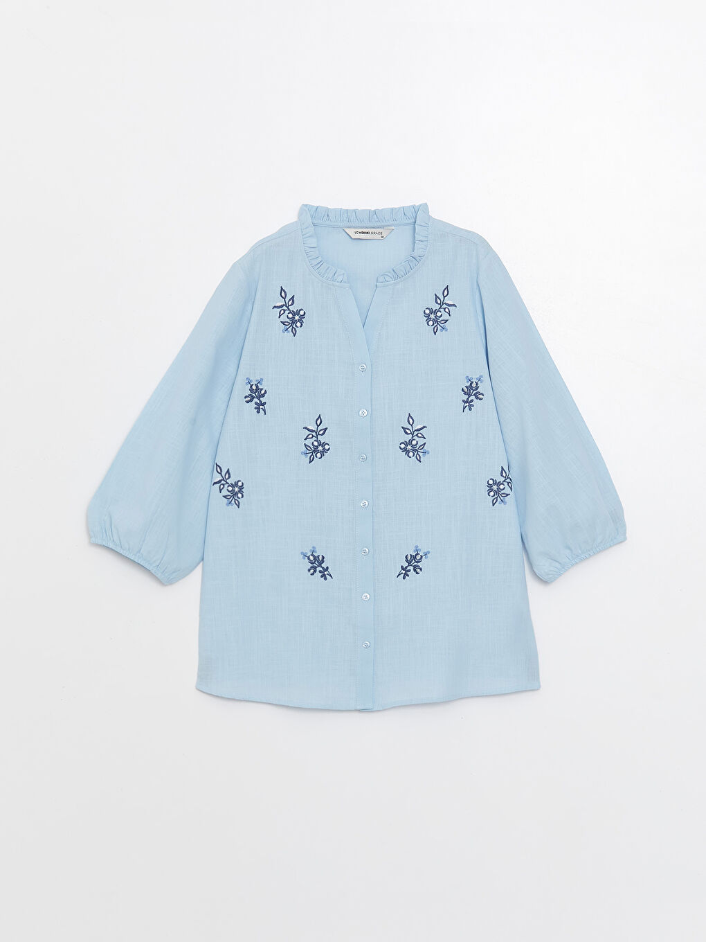 Mavi Kaçık Yaka Nakışlı Poplin Kadın Bluz-5