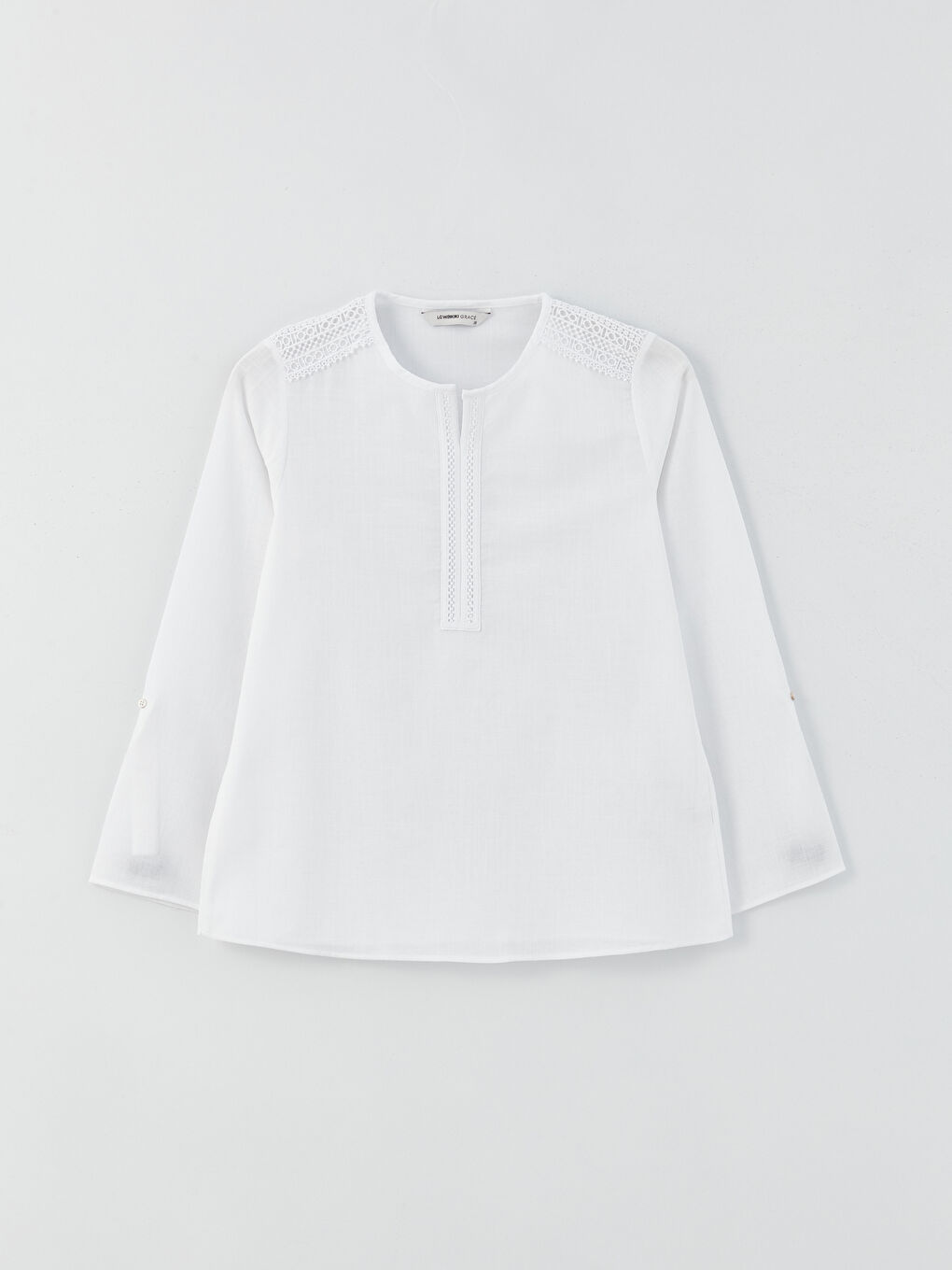 Ekru Kaçık Yaka Dantel Detaylı Uzun Kollu Poplin Kadın Bluz-5