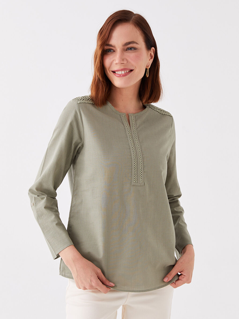 Блуза за жени с деколте с прорез, дантелени детайли, дълъг ръкав, поплин