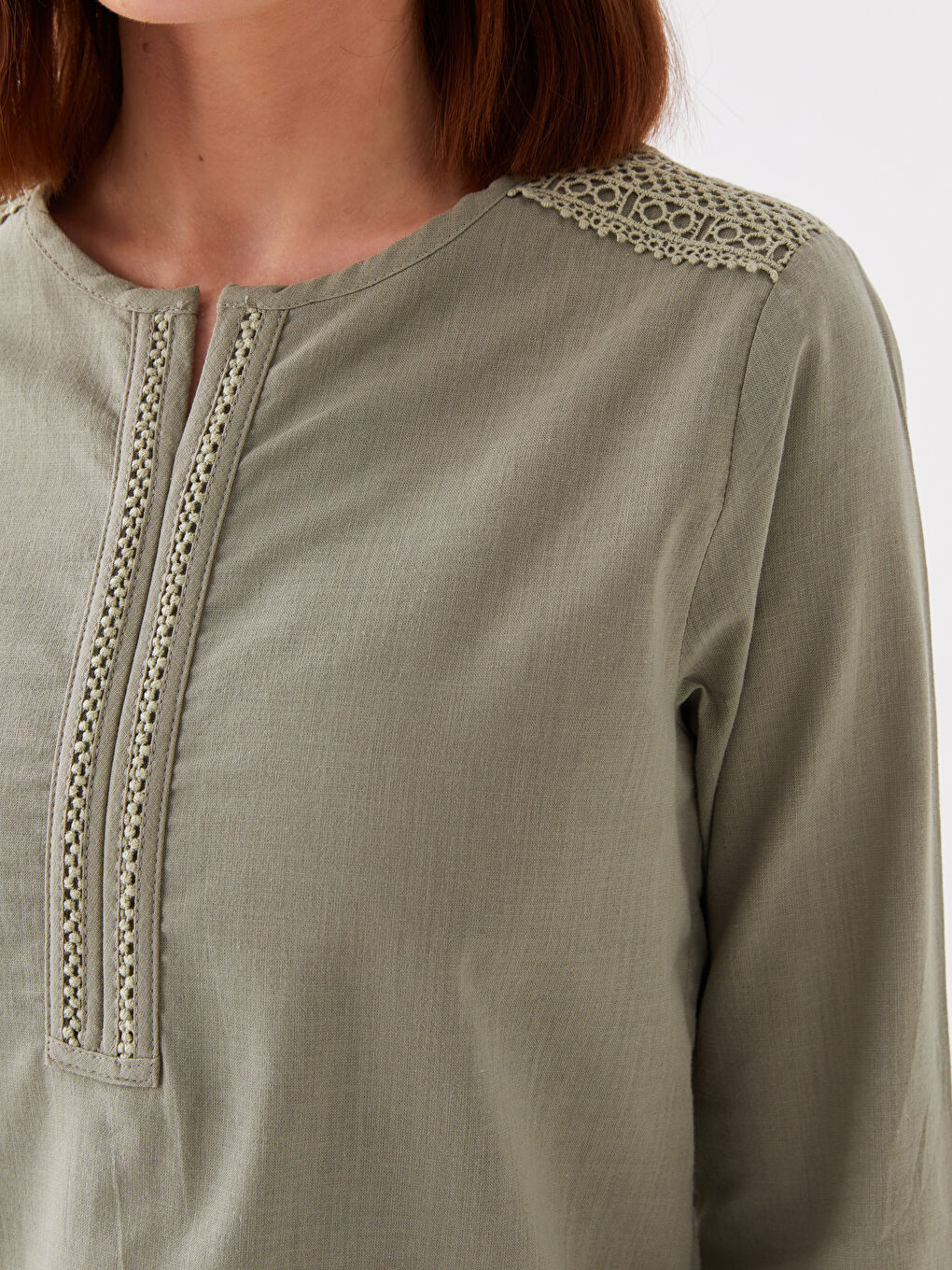 Блуза за жени с деколте с прорез, дантелени детайли, дълъг ръкав, поплин-3