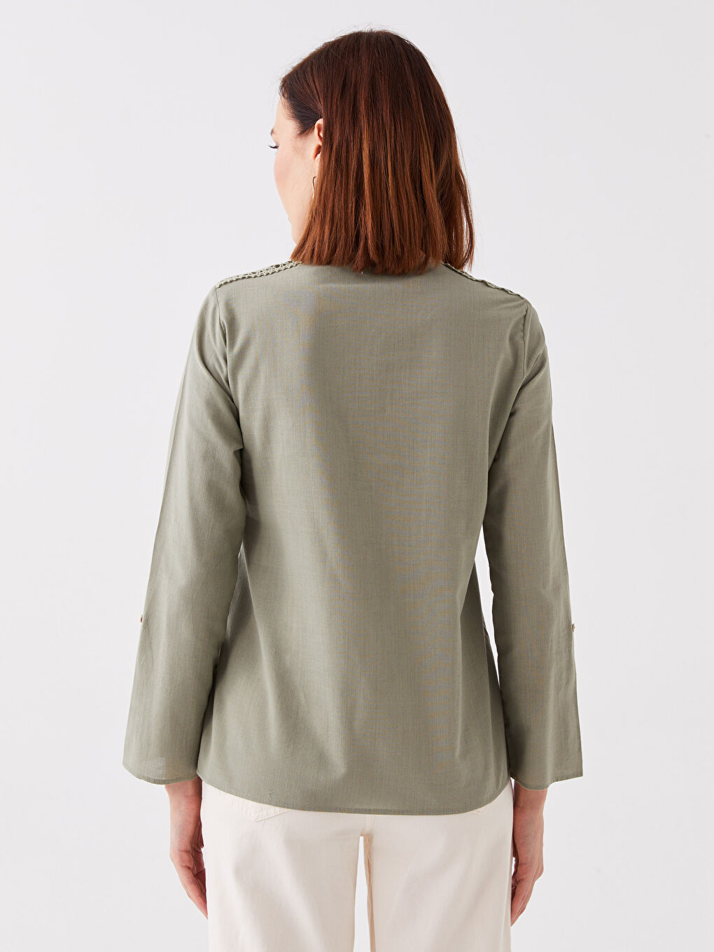 Блуза за жени с деколте с прорез, дантелени детайли, дълъг ръкав, поплин-4