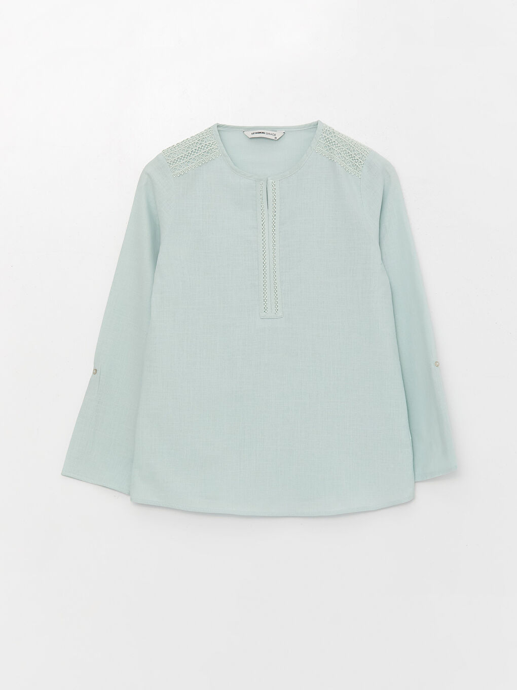 Turkuaz Kaçık Yaka Dantel Detaylı Uzun Kollu Poplin Kadın Bluz-5