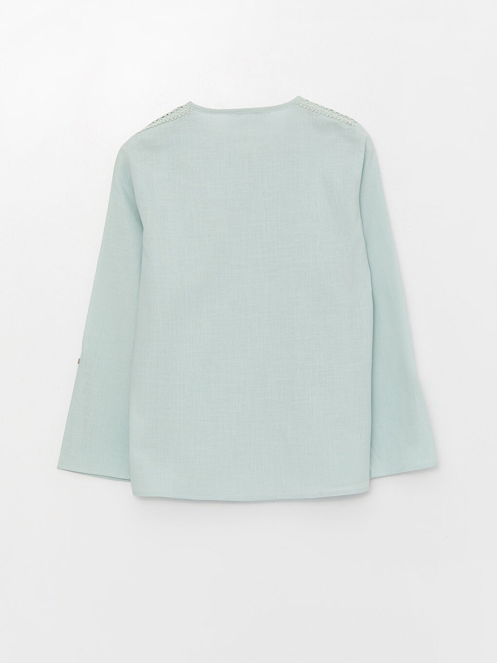 Turkuaz Kaçık Yaka Dantel Detaylı Uzun Kollu Poplin Kadın Bluz-6