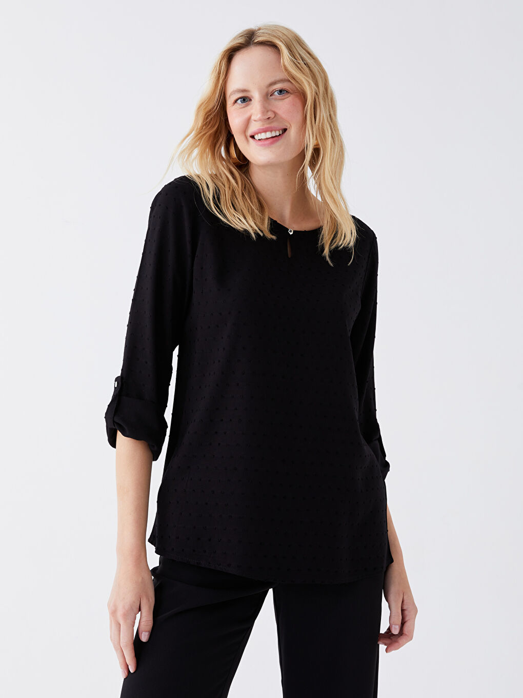 LCW Grace Crew Neck Self-Patterned Long Sleeve Women's Blouse -S3H470Z8-CVL
