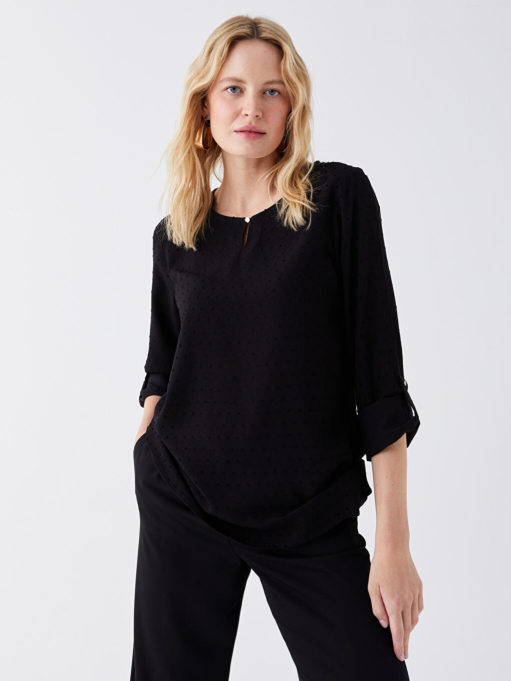 LCW Grace Crew Neck Self-Patterned Long Sleeve Women's Blouse -S3H470Z8-CVL