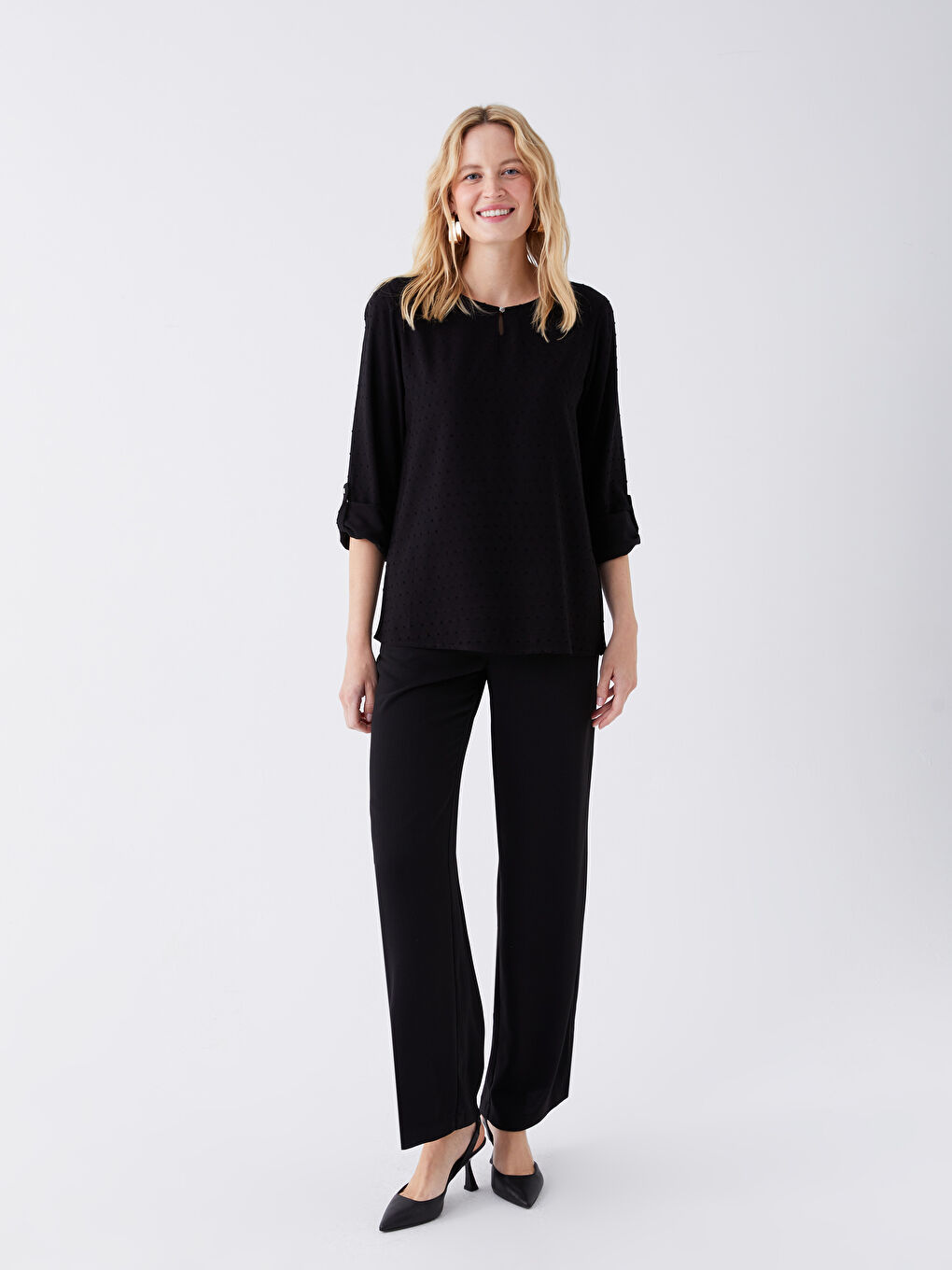LCW Grace Crew Neck Self-Patterned Long Sleeve Women's Blouse -S3H470Z8-CVL