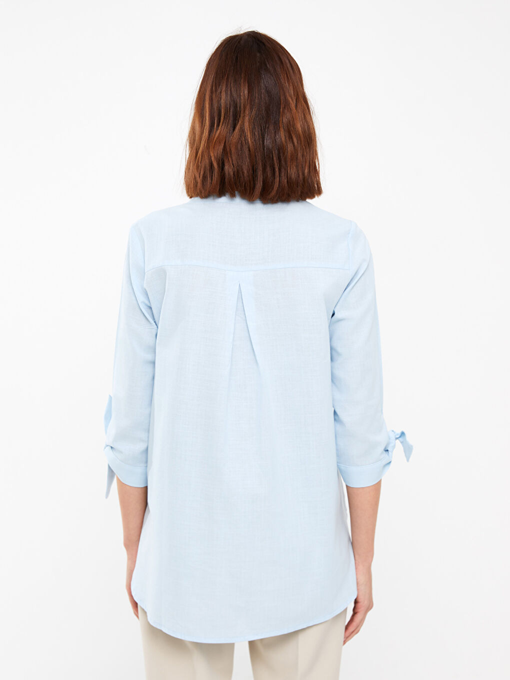 Mavi Kadın Kaçık Yaka Düz Gömlek-4