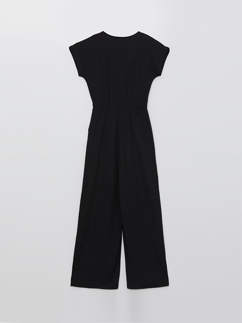 Siyah Kruvaze Yaka Düz Kısa Kollu Kadın Tulum-6