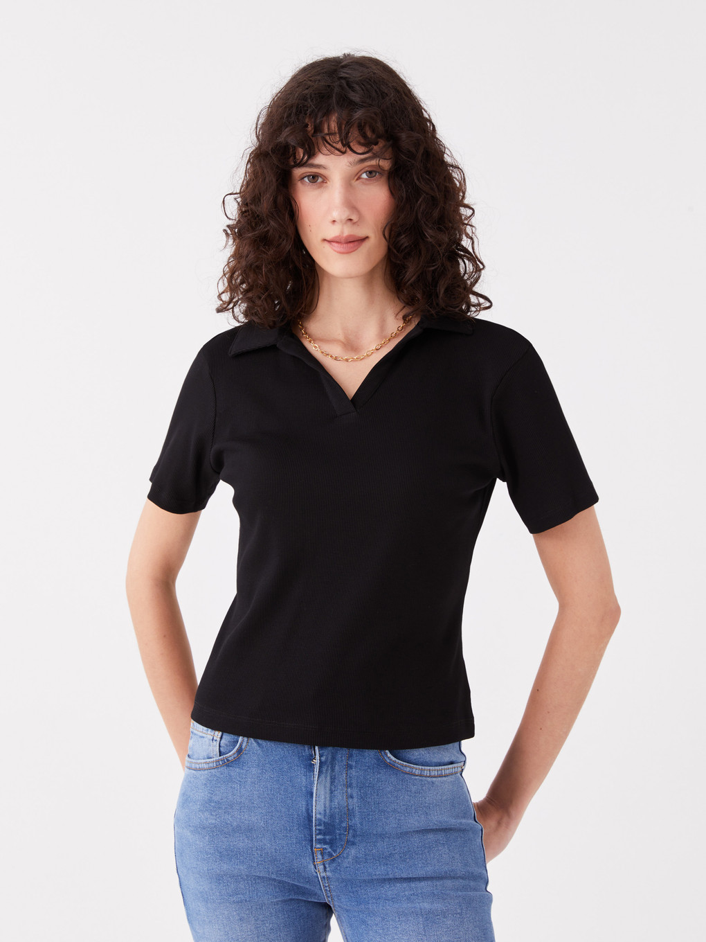 Polo Neck Plain Short Sleeve Women's T-shirt