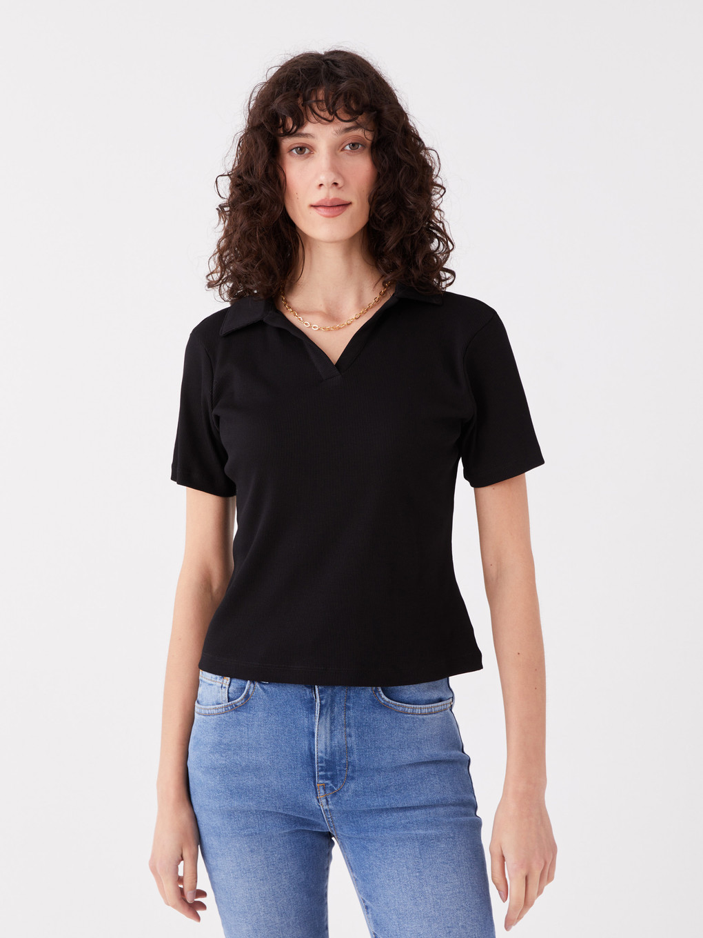 Polo Neck Plain Short Sleeve Women's T-shirt-1