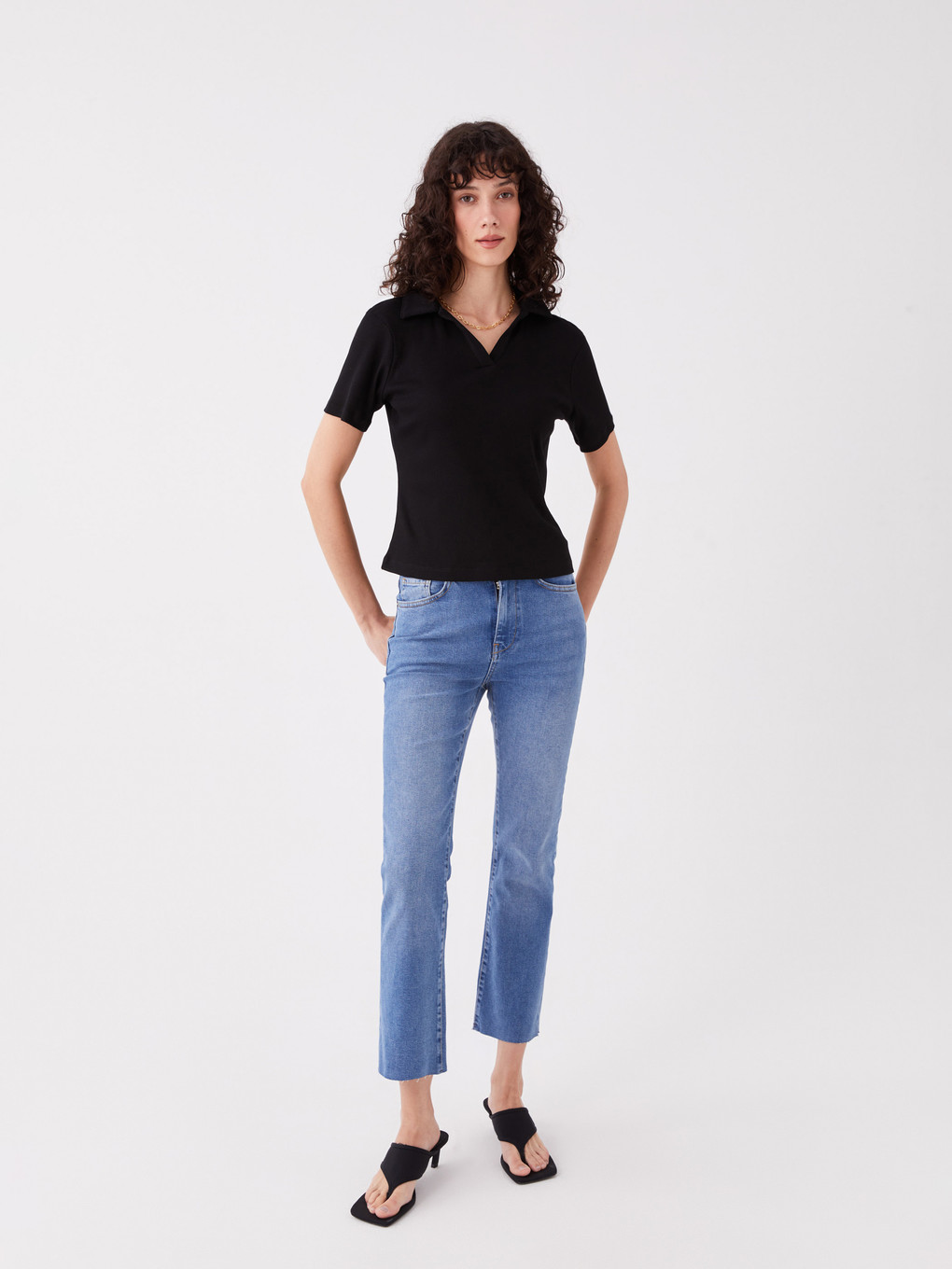 Polo Neck Plain Short Sleeve Women's T-shirt-2