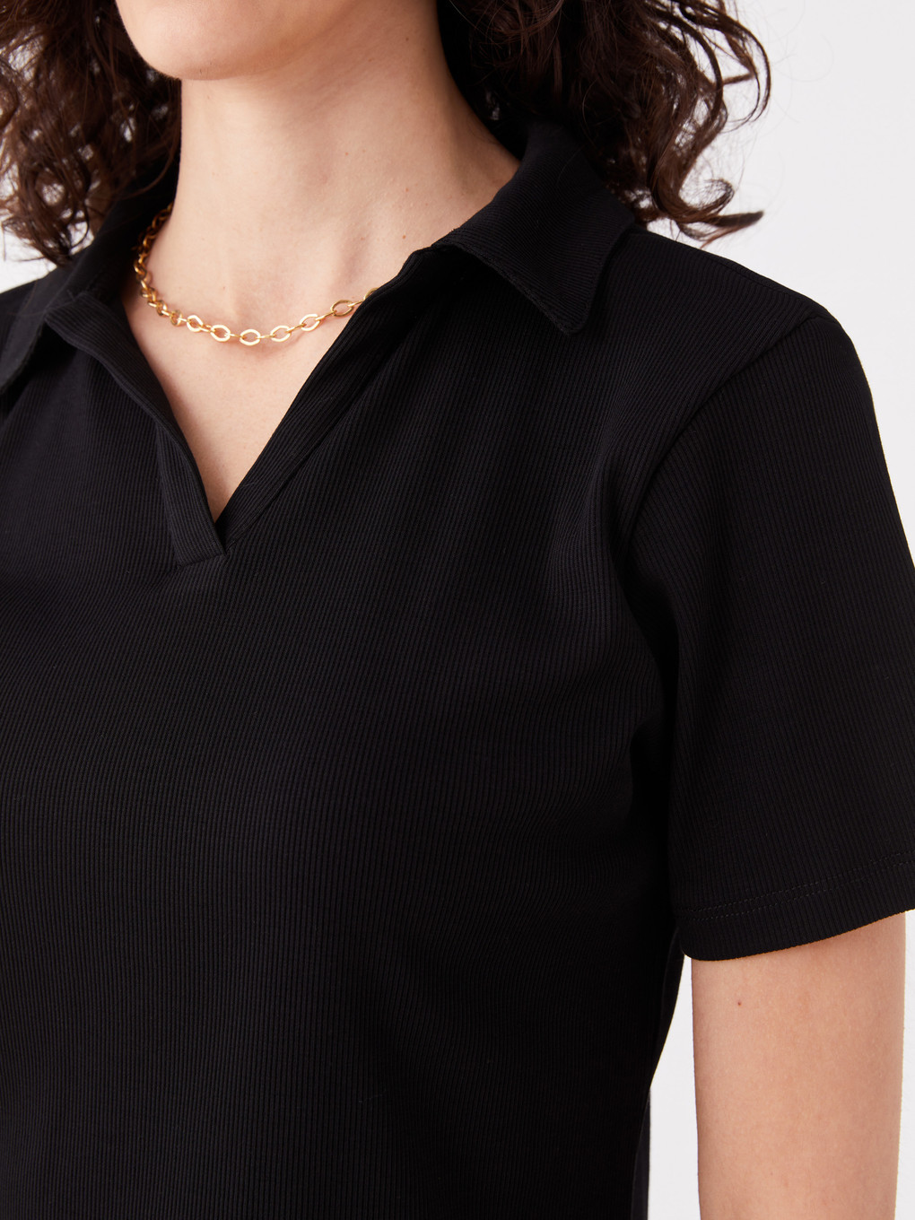Polo Neck Plain Short Sleeve Women's T-shirt-3