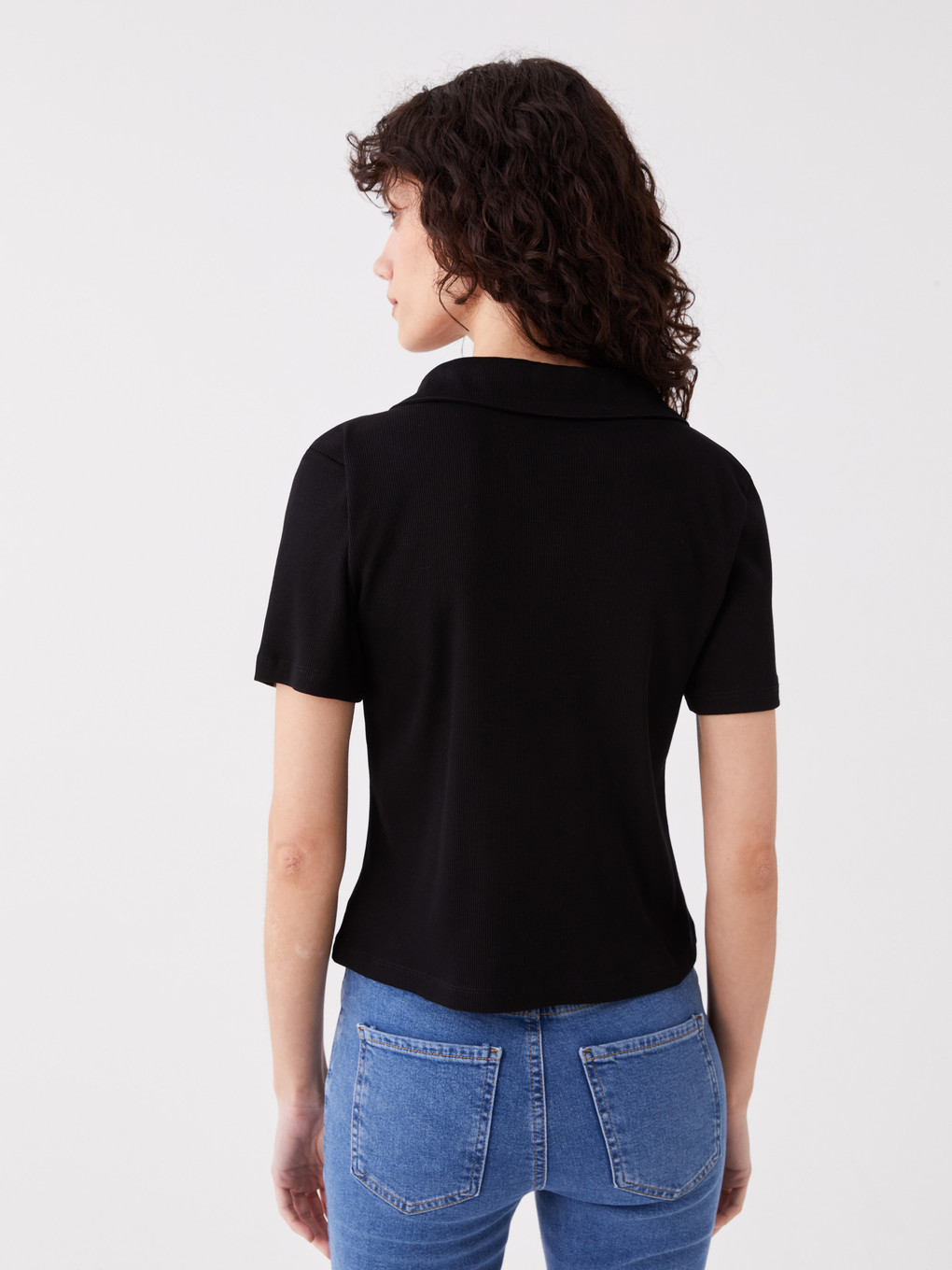 Polo Neck Plain Short Sleeve Women's T-shirt-4