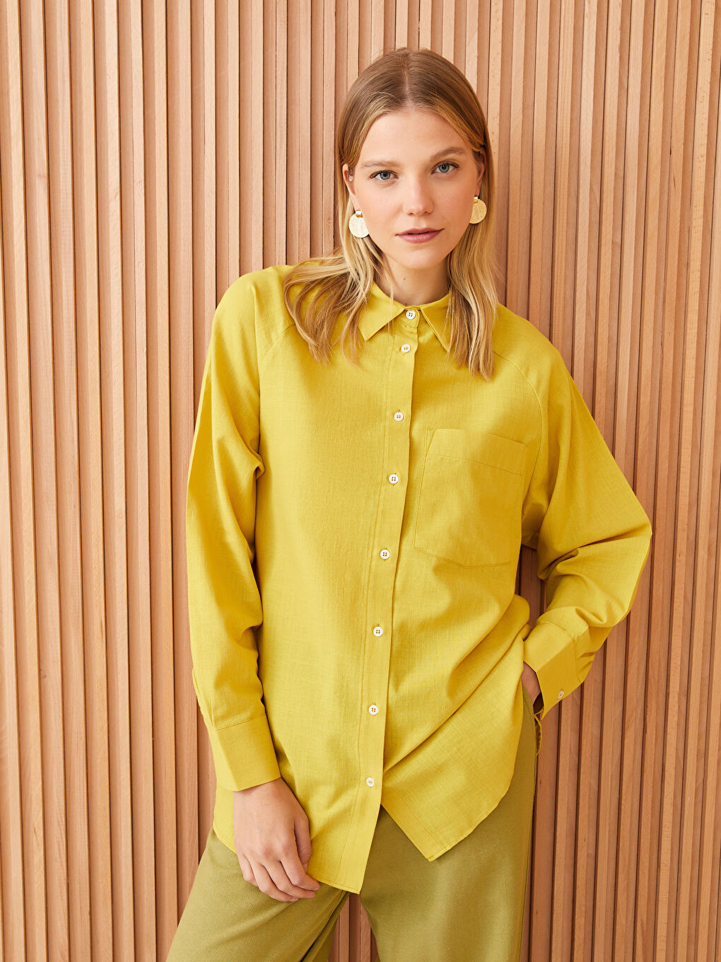 Yeşil Düz Uzun Kollu Oversize Poplin Kadın Gömlek Tunik