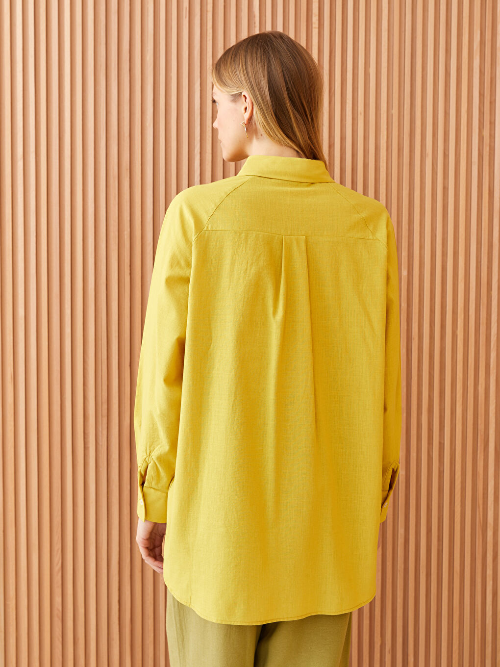 Yeşil Düz Uzun Kollu Oversize Poplin Kadın Gömlek Tunik-3