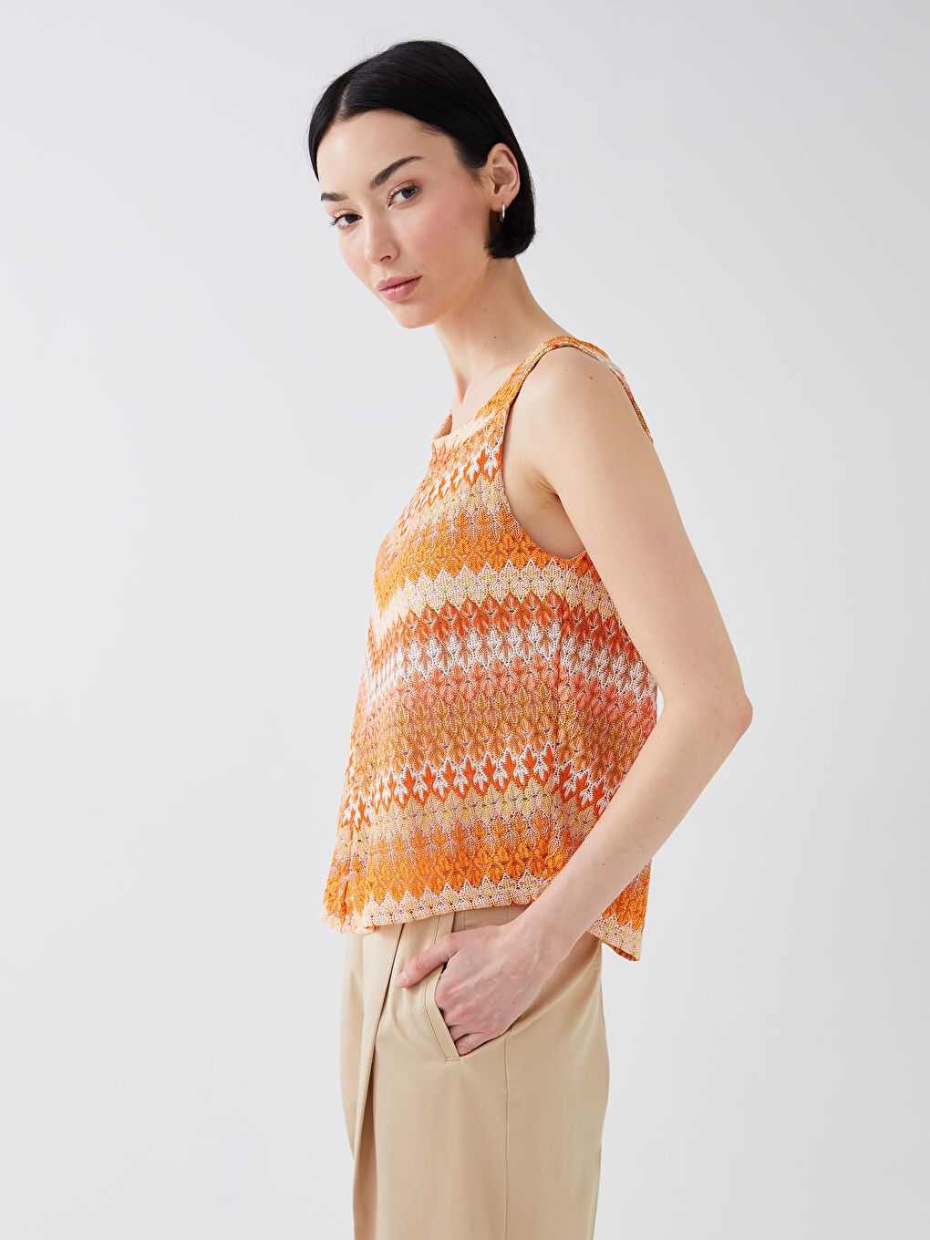 Turuncu Bisiklet Yaka Desenli Kadın Bluz