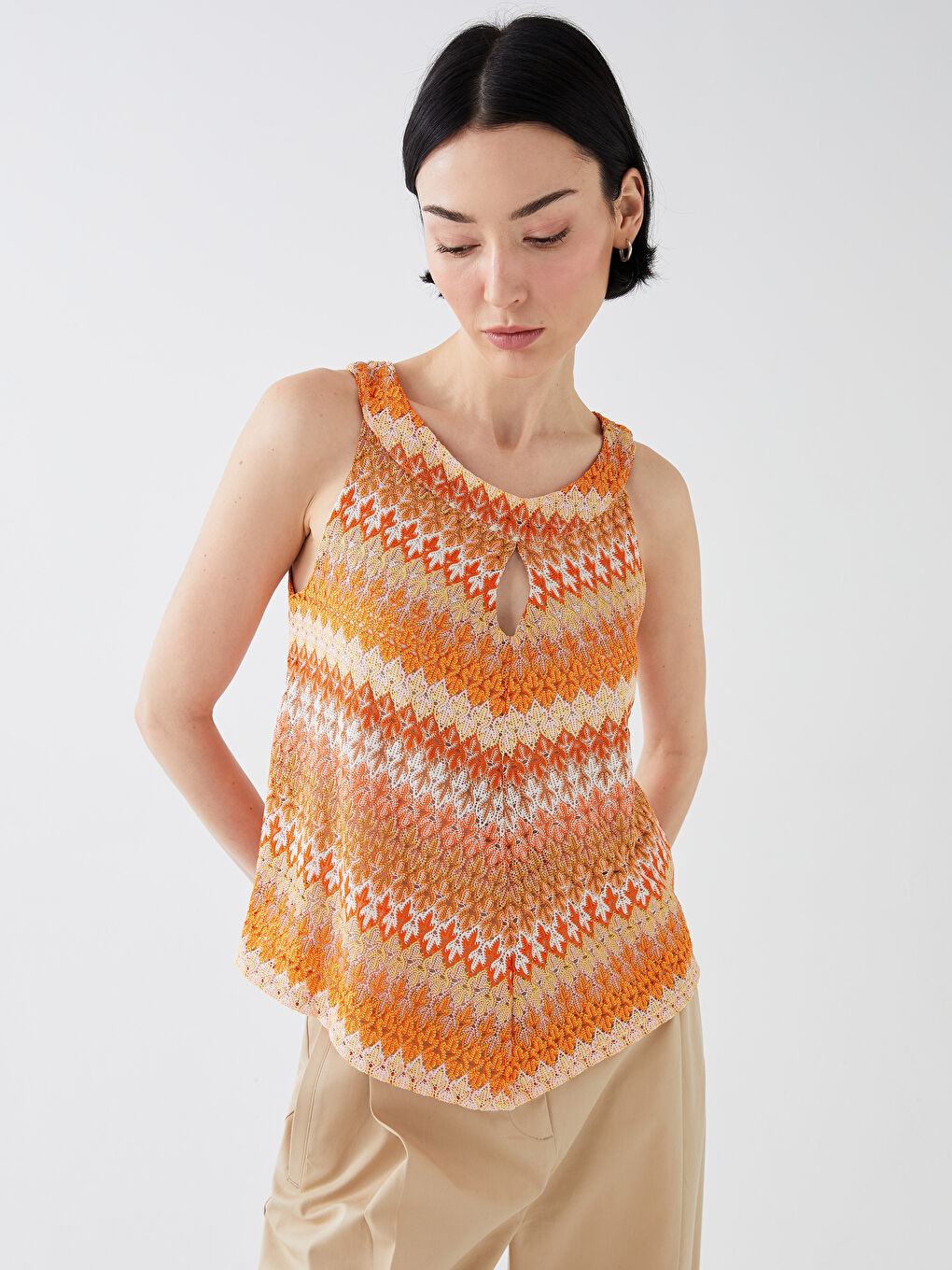 Turuncu Bisiklet Yaka Desenli Kadın Bluz-1