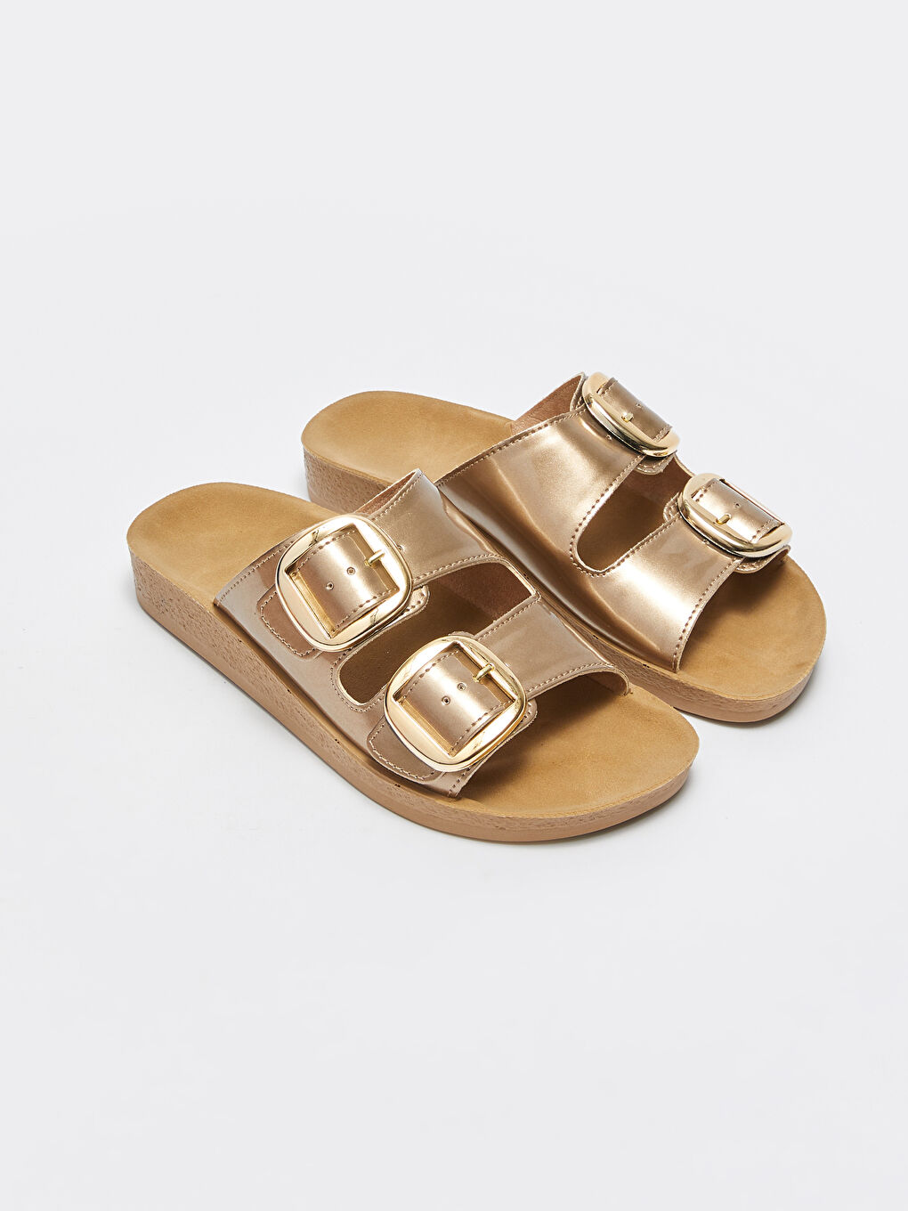 Sarı Çift Bantlı Toka Detaylı Kadın Terlik