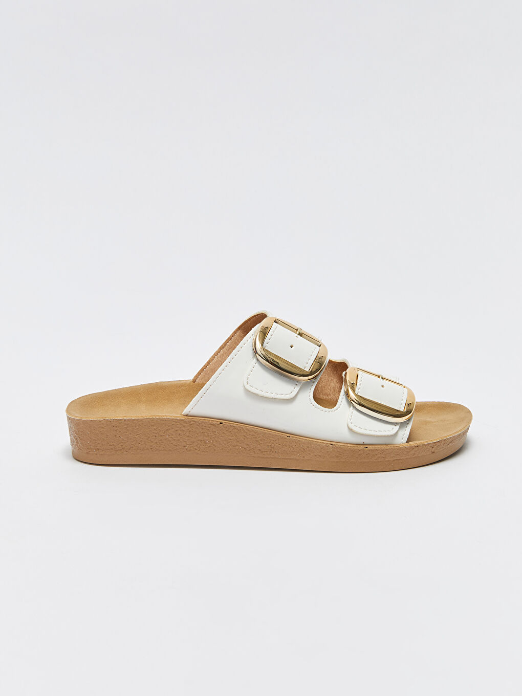 Beyaz Çift Bantlı Toka Detaylı Kadın Terlik-1