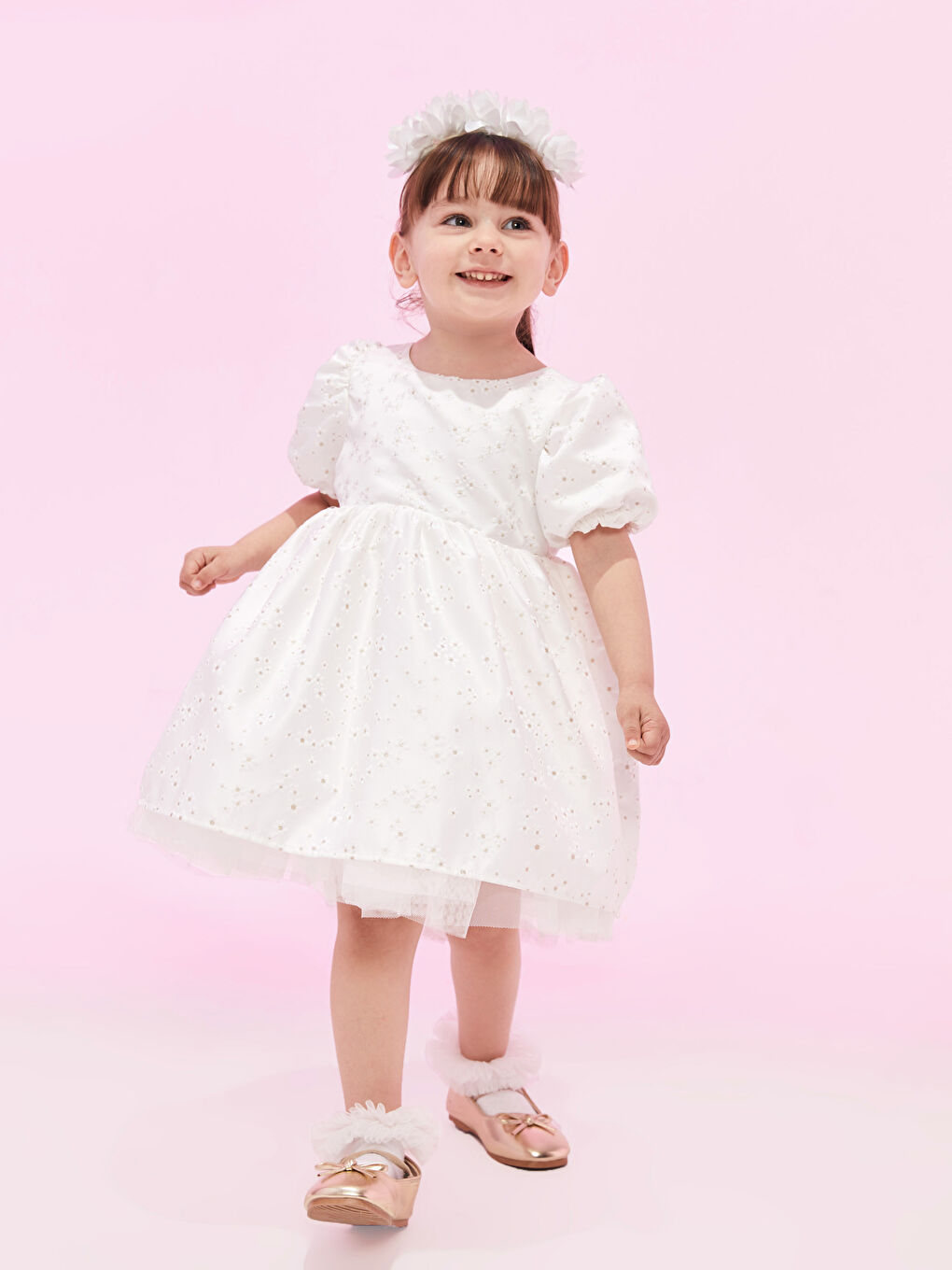 Ekru Bisiklet Yaka Kendinden Desenli Kız Bebek Elbise-3