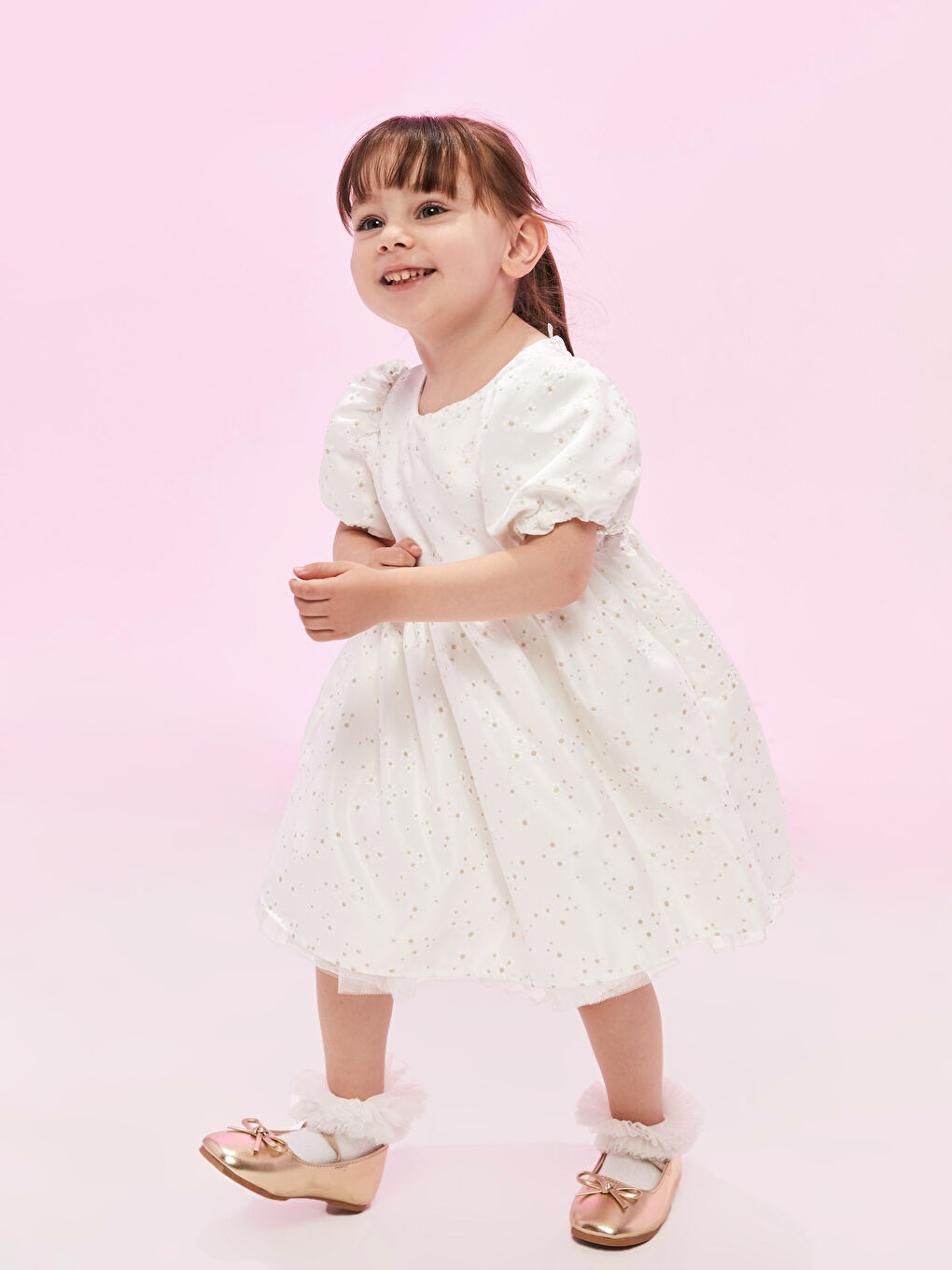 Ekru Bisiklet Yaka Kendinden Desenli Kız Bebek Elbise-2