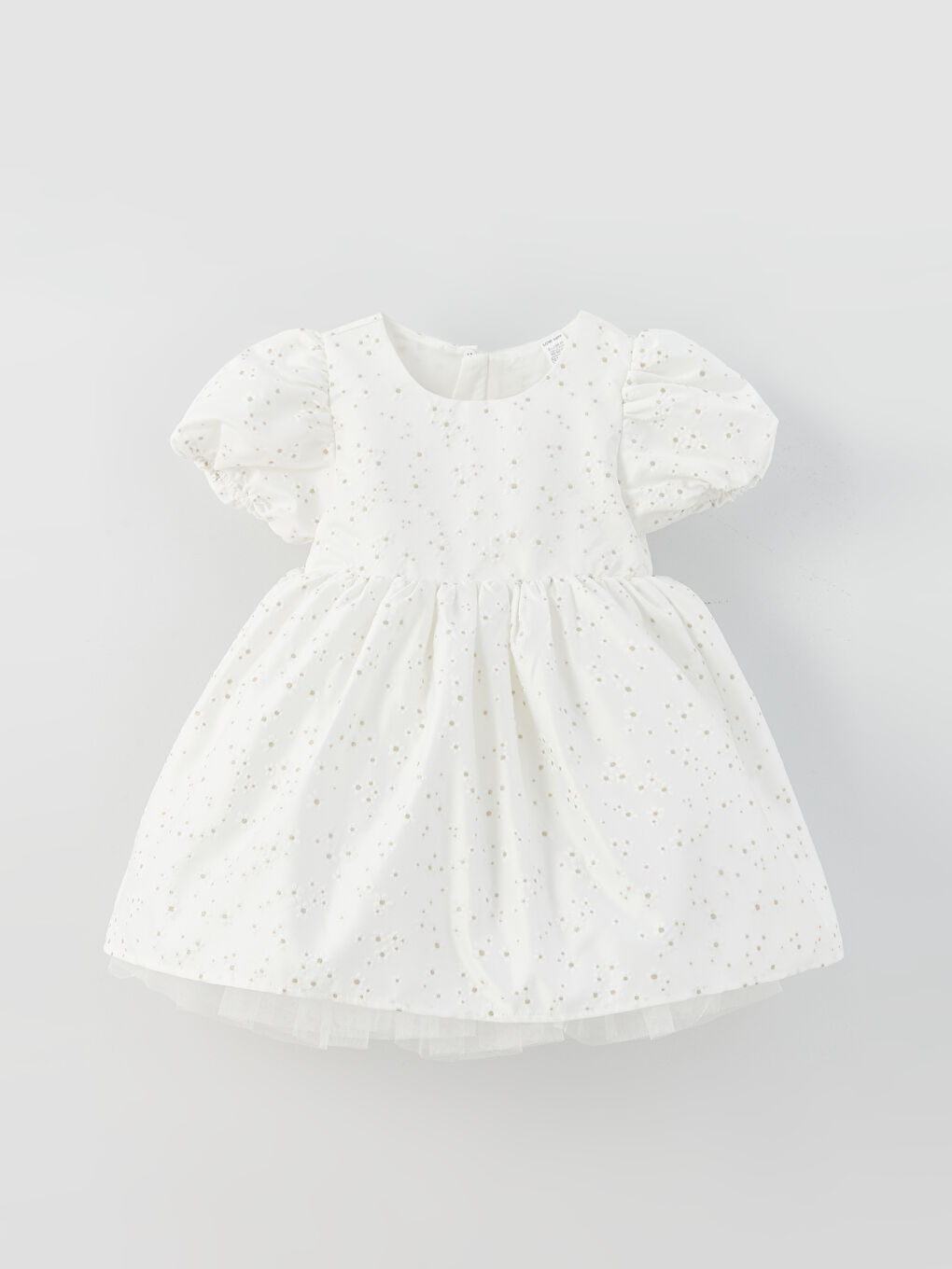 Ekru Bisiklet Yaka Kendinden Desenli Kız Bebek Elbise-4