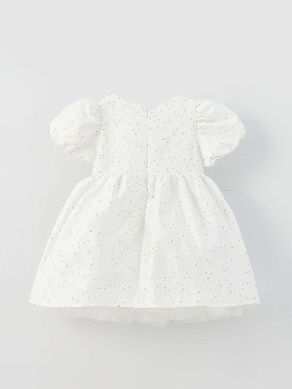 Ekru Bisiklet Yaka Kendinden Desenli Kız Bebek Elbise-5