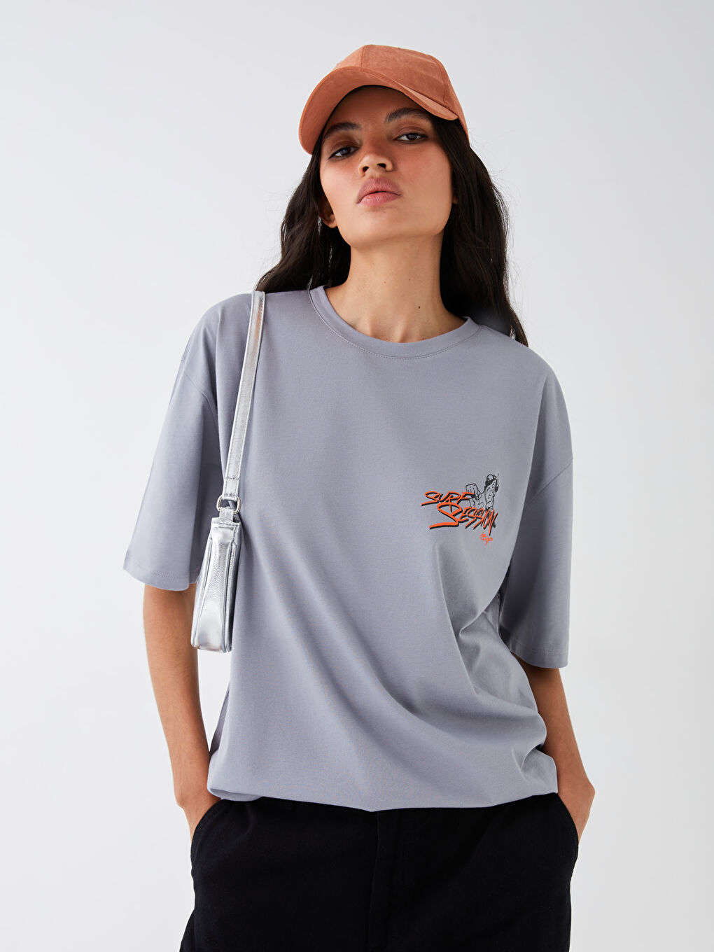 Gri Bisiklet Yaka Kısa Kollu Baskılı Penye Erkek Tişört-13