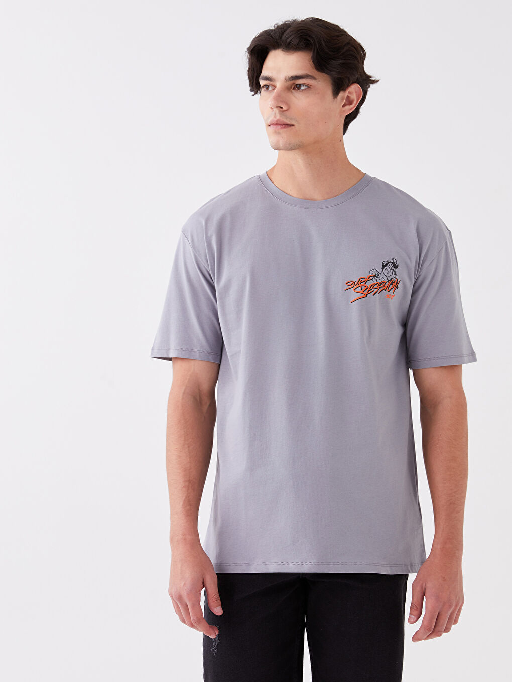 Gri Bisiklet Yaka Kısa Kollu Baskılı Penye Erkek Tişört-2