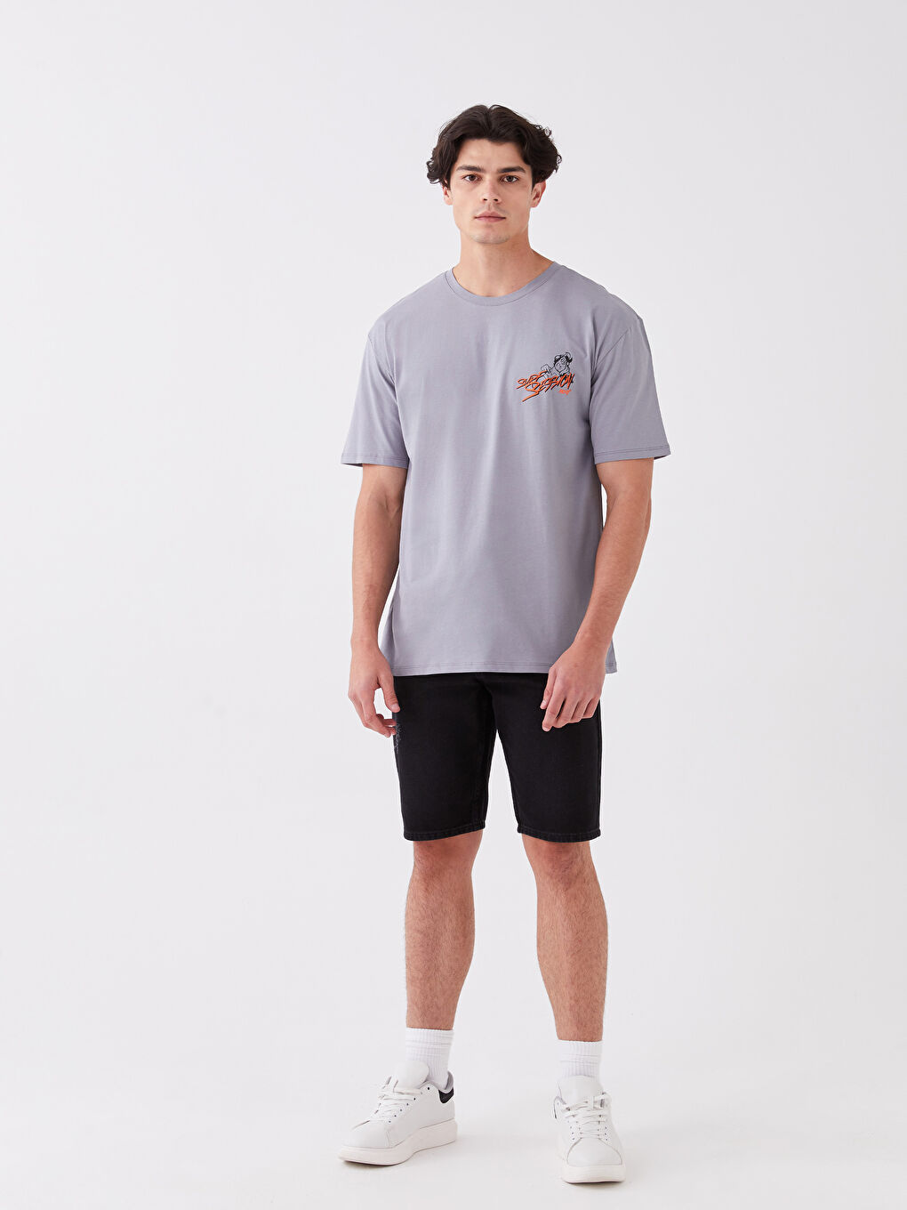 Gri Bisiklet Yaka Kısa Kollu Baskılı Penye Erkek Tişört-5